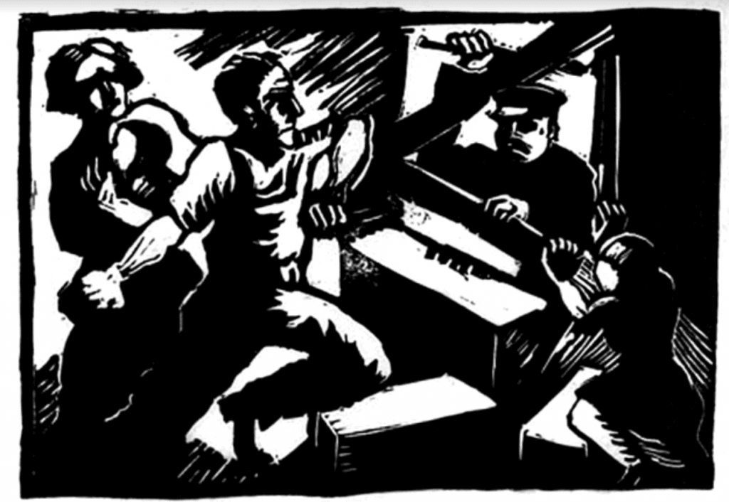 Linocut produced in 1933 by The Workers Art Collective to protest evictions
