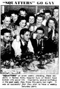 men and women having a party at table covered in food with drinks in hands