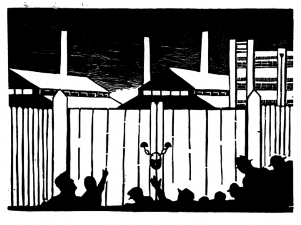 linocut of silhouette of workers outside shut factory gates