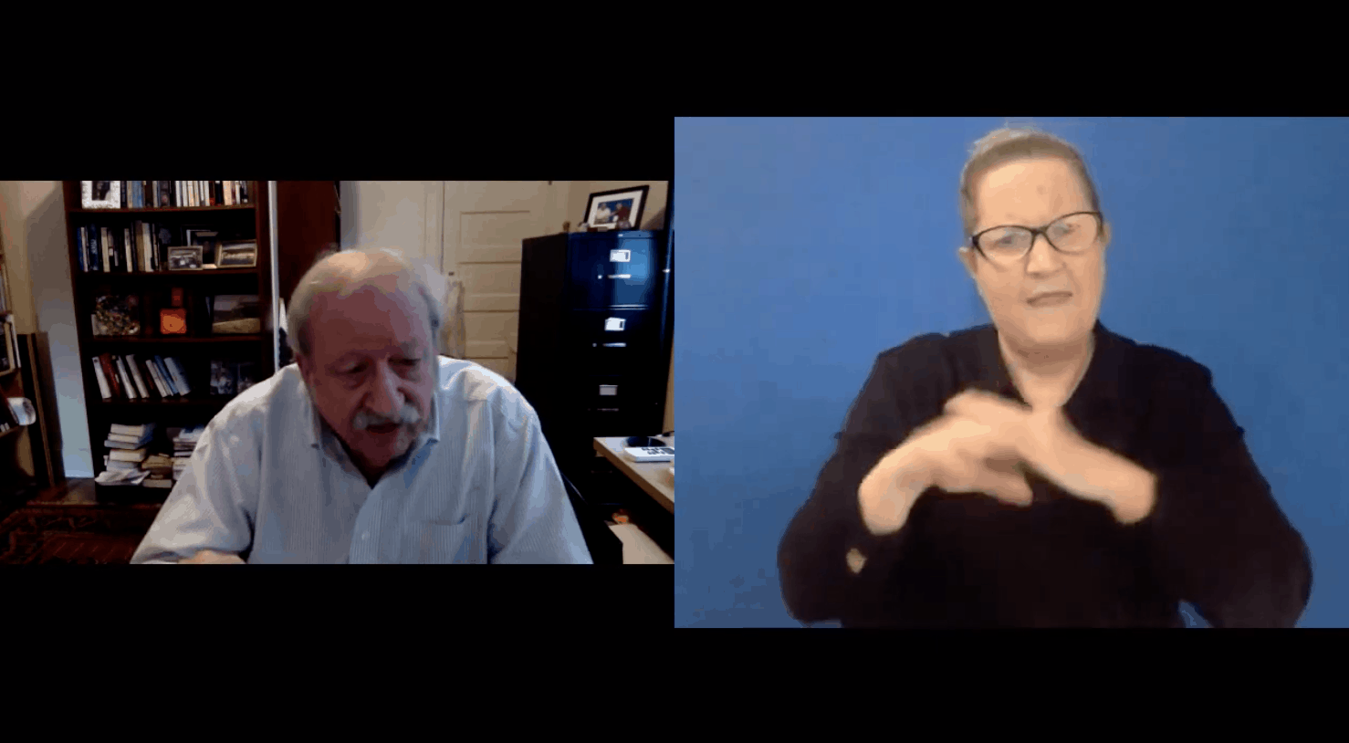 screenshot of Presenter Marshall Ganz and Auslan Interpreter presenting at online conference