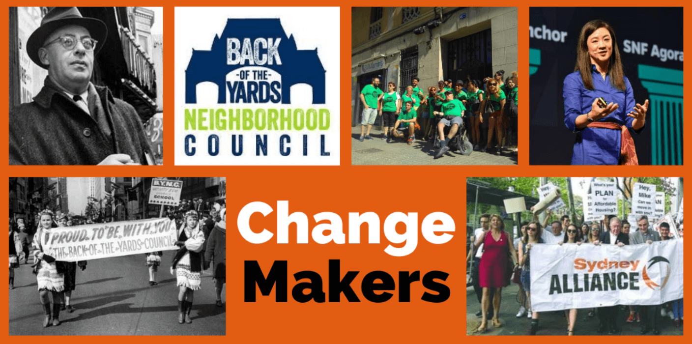 A collage of 6 images that relate to community organising including a photo of Saul Alinksy