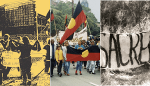 Three photos of Australian Aboriginal Protestors at the camp at the Old Swan Brewery camp in Perth