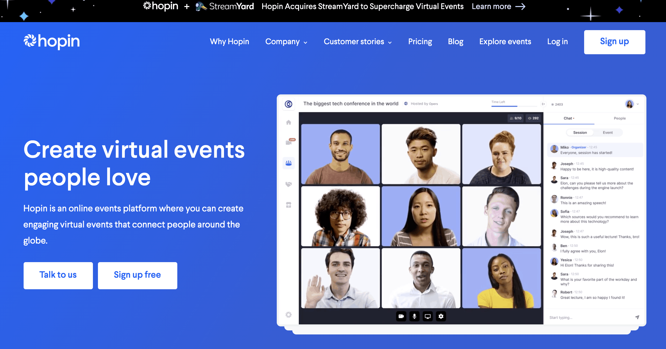 screenshot of Hopin website. Webscreen showing headshots of people on video.