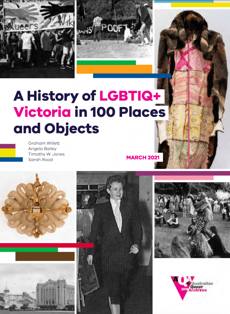 a collage of images on report cover with title A history of LGBTIQ+ Victoria in 100 places and objects showing images of protestors and other heritage objects