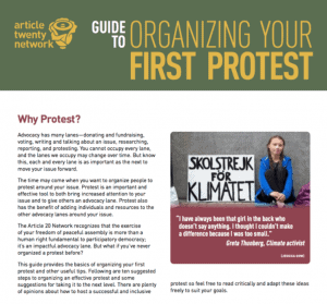 The front page of a pdf publication called Guide to Organizing your first Protest with a photo of Greta Thunberg sitting on street with a sign next to her that says 'Skolstrejk for Klimatet'