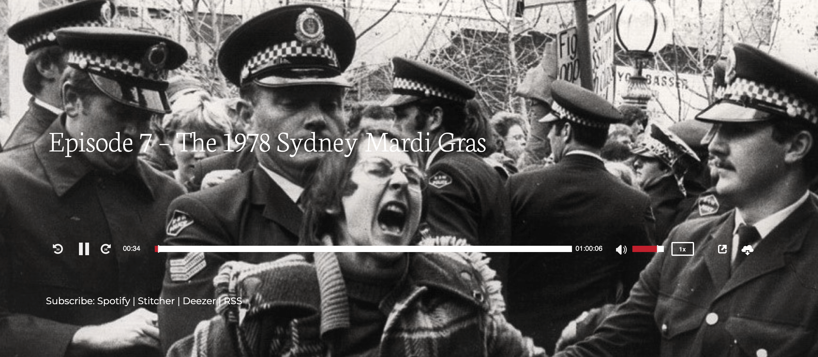 black and white photo from the first sydney mardi gra. A group of male police surrounding woman who is struggling and screaming out.