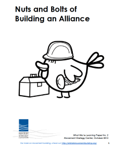 Title page of report - The nuts and bolts of building an alliance by the Movement Strategy Center. Featuring a drawing of a bird with a hard hat on and holding a toolkit.