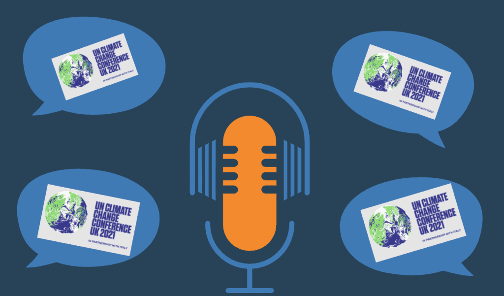 microphone and headphones icon with speech bubbles around it with the COP26 logo inside the speech bubbles