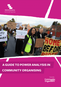 Text reads A guide to power analysis in community organising. Photo of protestors on street holding banners. One banner reads Homes before profit