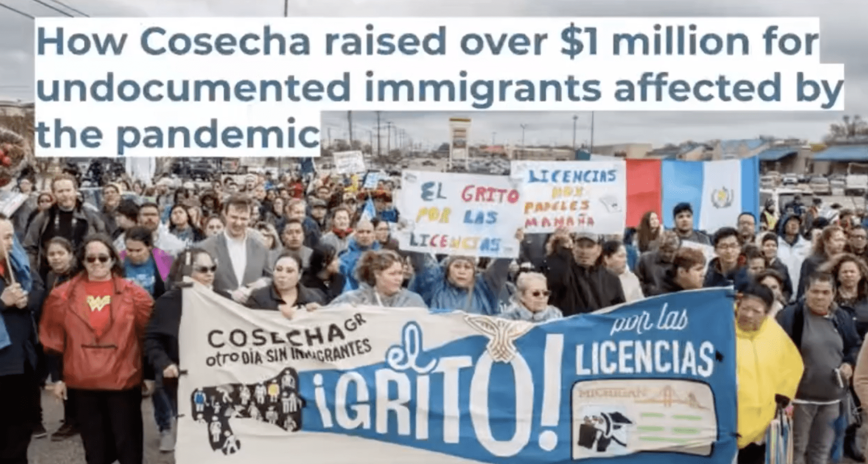 protestors on the street holding signs and banners. The big banner at the front reads Cosecha Igrito!par las licencias