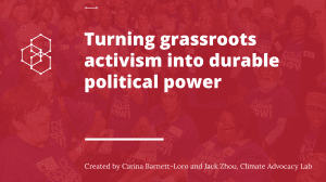 Presentation slides front slide with PowerLabs video text reads - turning grassroots activism into durable political power