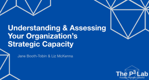 Screenshot of webinar recording's front page. A blue background with a triangle line design around the top border. Text reads - Understanding & Assessing Your Organization’s Strategic Capacity