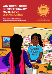 Illustration of a woman in an Indian sari looking at herself in a mirror. Her reflection is of a another woman wearing a tshirt that reads Climate Justice Now! Behind her are lots of banners. One reads Fight for our Future. Another banner reads Stop burning our future.