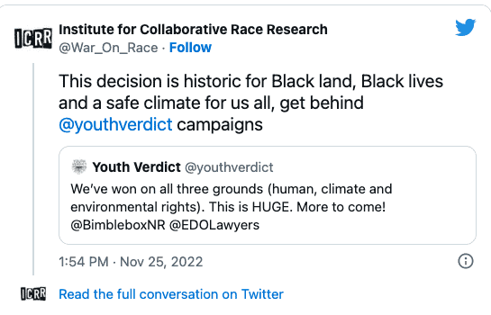 screenshot of tweet from Twitter. Text reads ‘This case has made legal history’: young Australians just won a human rights case against an enormous coal mine