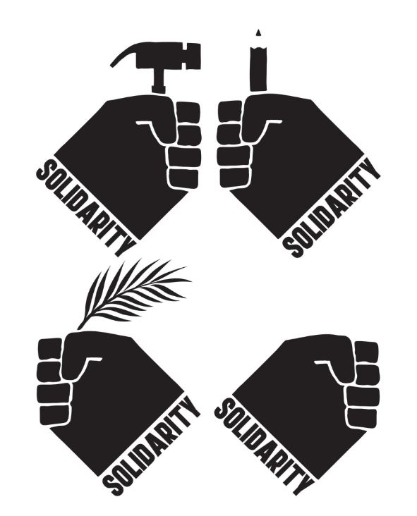 Four fists, each bearing the word solidarity, hold a hammer, a pencil and wheat