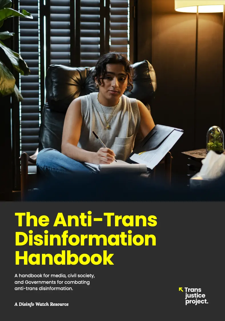 Report cover - Title reads 'The Anti-Trans Disinformation Handbook: A handbook for media