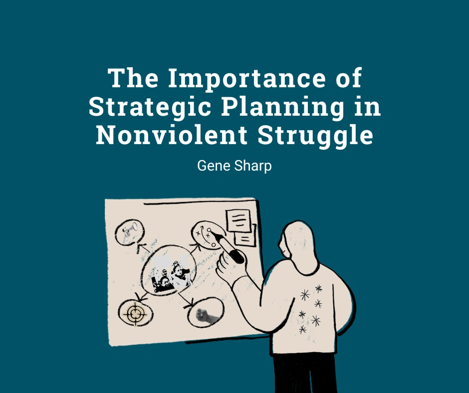 Title reads "The Importance of Strategic Planning in Nonviolent Struggle, Gene Sharp". Person writing on board.
