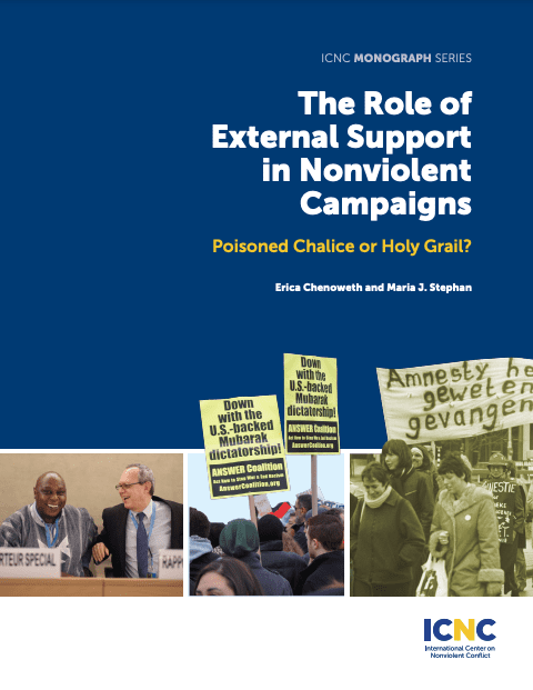 Report cover title reads The Role of External Support in Nonviolent Campaigns: Poisoned Chalice or Holy Grail? At the bottom are three photos. Two are of protesters holding signs. The ICNC logo is in the bottom right hand corner.