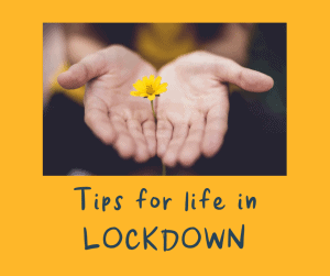 Close up photograph of two hands open holding a small yellow daisy flower. Text under the photo reads 'Tips for life in lockdown'