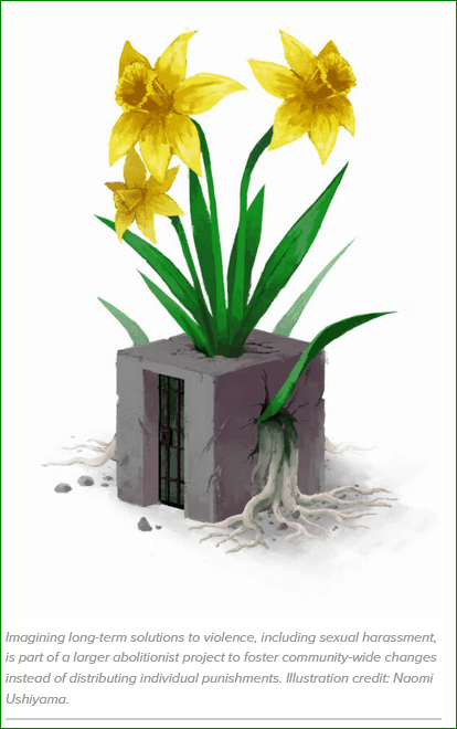 A large daffodil grows out of a concrete block. The block is a prison cell with metal bars. The daffodil's stem, leaves and roots are breaking through the block and causing cracks. Text reads: Imagining long-term solutions to violence, including sexual harassment, is part of a larger abolitionist project to foster community-wide changes instead of distributing individual punishments.