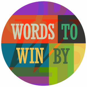 logo for words to win by. Features a coloured circle broken up into different colours with the words Words to Win by