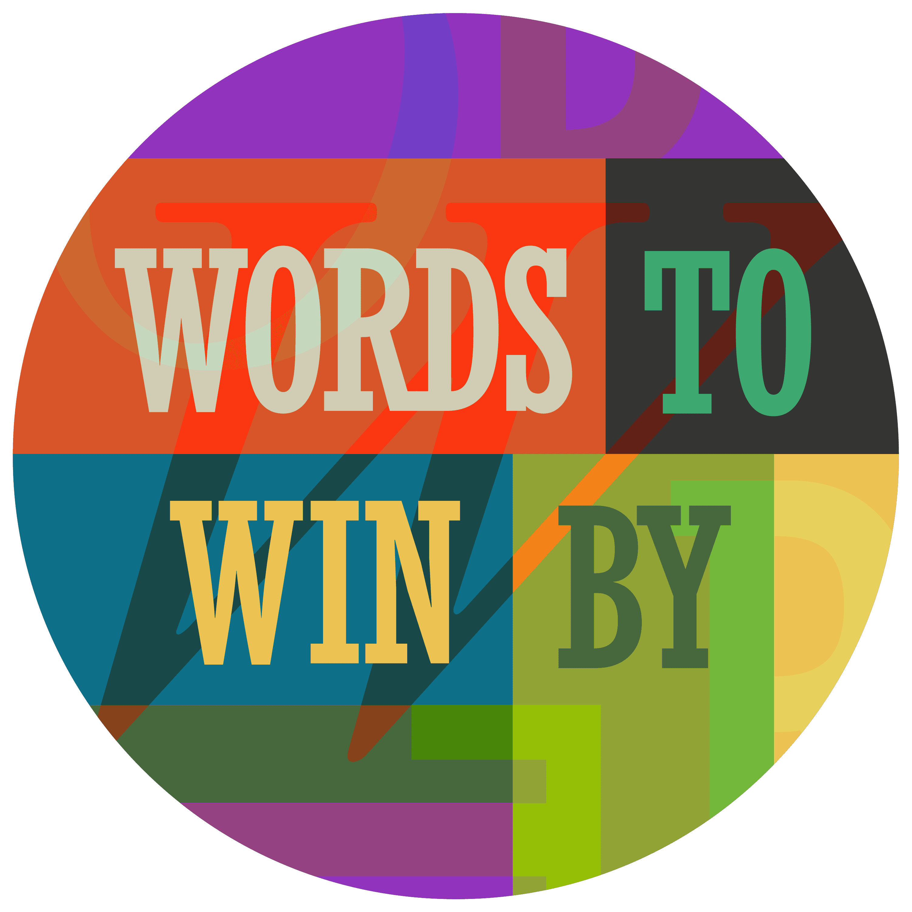 logo for words to win by. Features a coloured circle broken up into different colours with the words Words to Win by