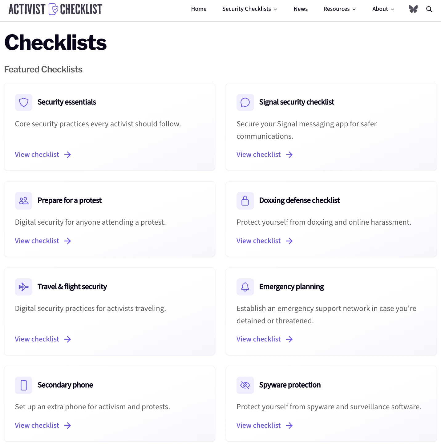 screenshot of activist checklist website. a list in two columns of checklists.|Title 'Security essentials March 2025: Core digital security practices every activist should follow'. Activist checklist logo bottom right. Black and white photo showing interior of empty concrete building with view to the outside at the end.