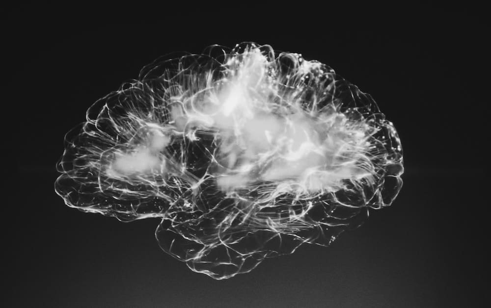 An abstract, black and white representation of the brain, in which white lines represent connections and movement of electricity.