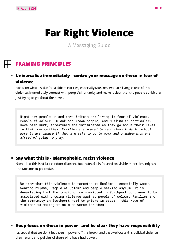 Screenshot of google doc titled 'Far Right Violence: A Messaging Guide.' There is text.