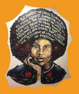 Painting of bell hooks with her face purposeful and compassionate, resting her chin on her hand. Her hair is an afro over which text is written in white capital letters" "“The moment we choose to love we begin to move against domination, against oppression. The moment we choose to love we begin to move towards freedom, to act in ways that liberate ourselves and others. That action is testimony as the practice of freedom.”