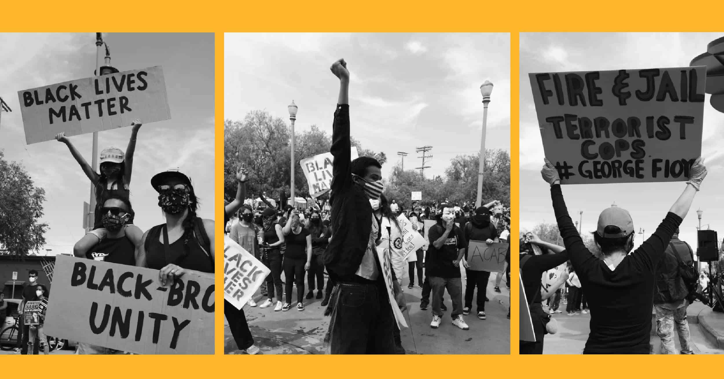 People at protest with signs saying 'black lives matter' and 'fire and jail terrorist cops #georgefloyd'|silhouette of policeman||||Reconciliation Week 2020 logo|Book cover: Race by Toni Morrison.|Book cover: Race by Toni Morrison.