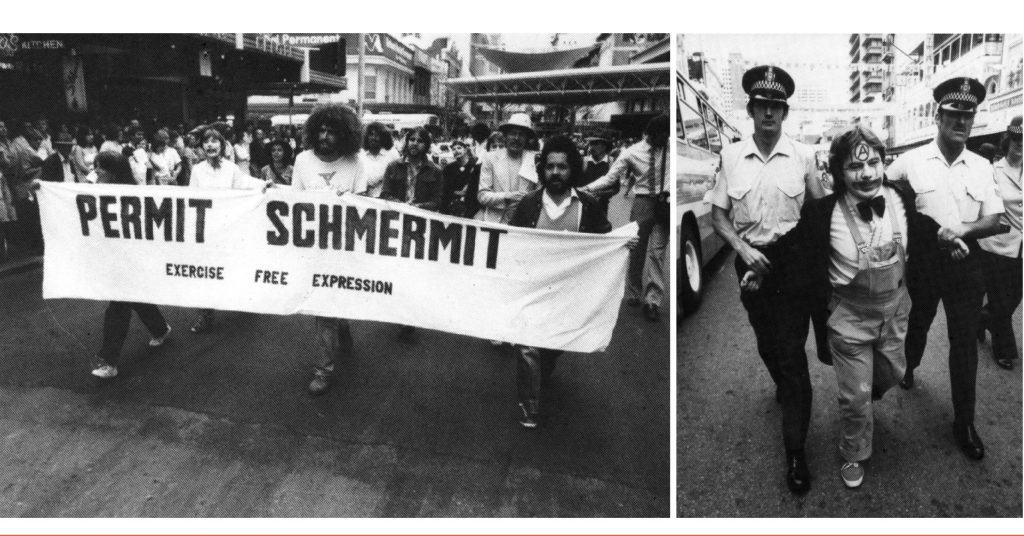 There are 2 images. One image has protestors carrying a banner that says 'permit schmermit'. The other photo has two police officers carrying away a protestor dressed as a clown.
