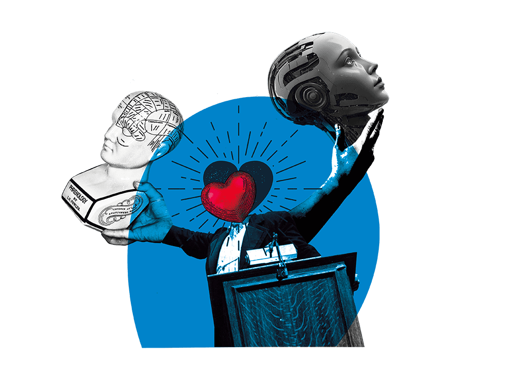 Illustration of a person in a suit standing at a podium. Their head is replaced by a heart. In one hand they are holding a fake head with a circuit computer brain and in the other hand they are holding a fake head used in the past by scientists to study phrenology.||||||