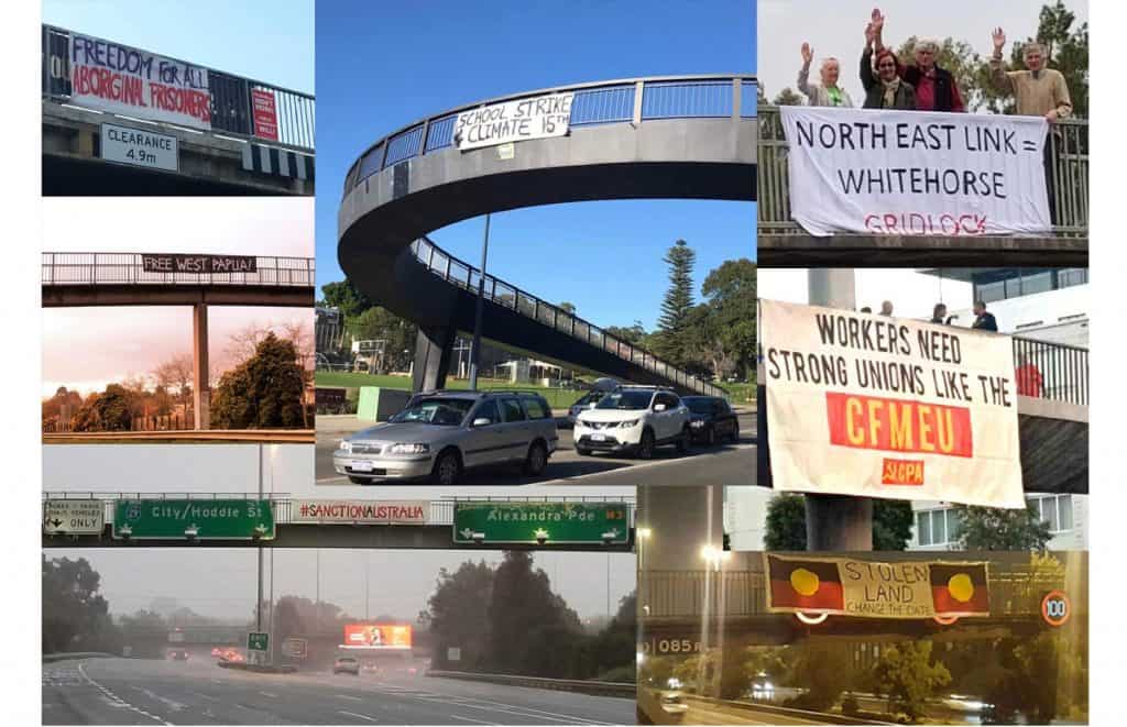 collage of photos showing banners hanging on bridges over roads protesting various issues.