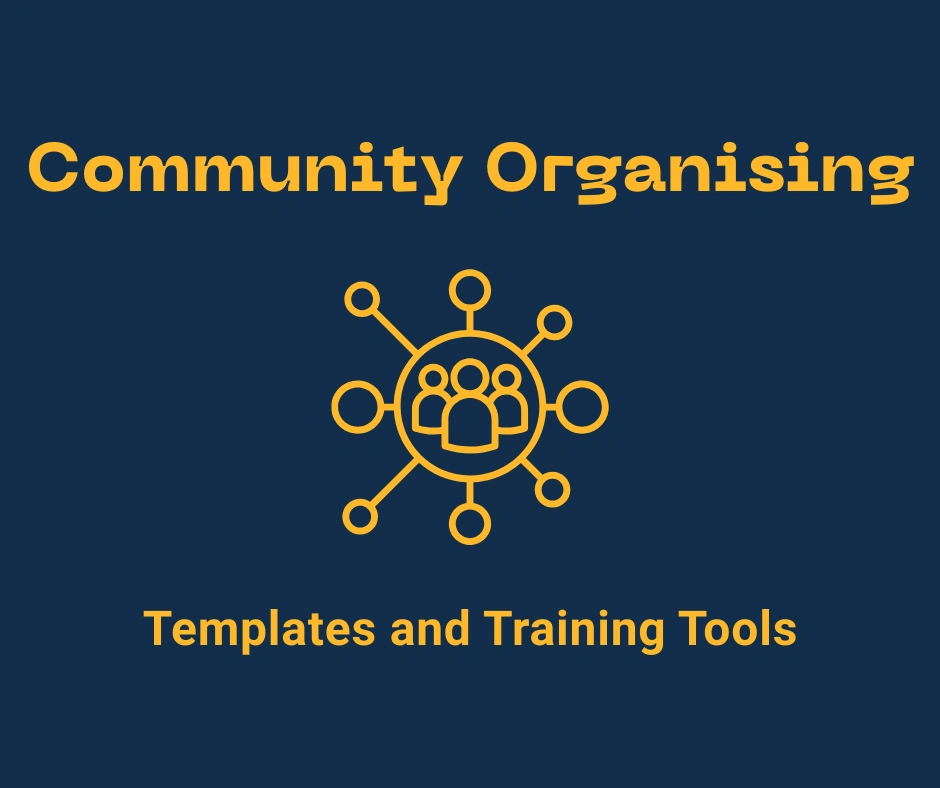 Title reads 'community organising templates and training tools'. Icon of 3 people inside circle. Around the main circle are little circles reaching out.