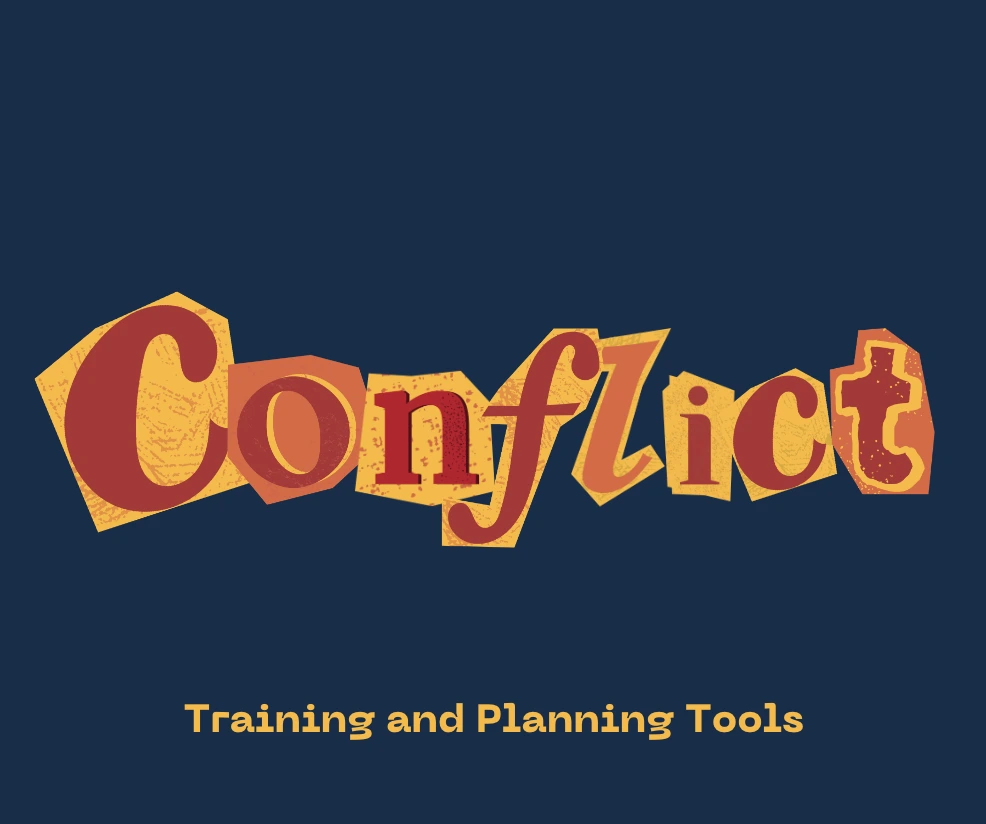 Title reads 'Conflict: Training and Planning Tools'. The word conflict is in big cut out letters in multiple colours.