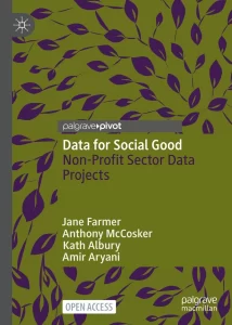 book cover - title is Data for Social Good. There is a patterned background of purple leaves swirling.