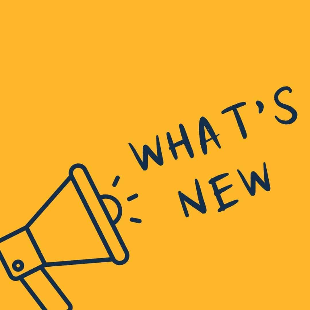 loud speaker icon with the words coming out that read What's New|Text reads Instagram links with Instagram logo in yellow circle