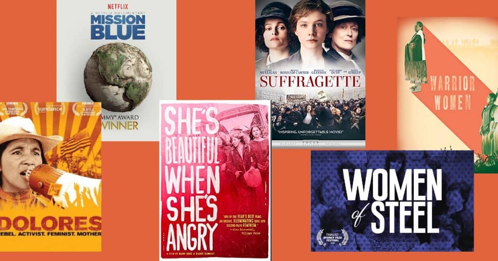 a collage of covers of films about women and social change