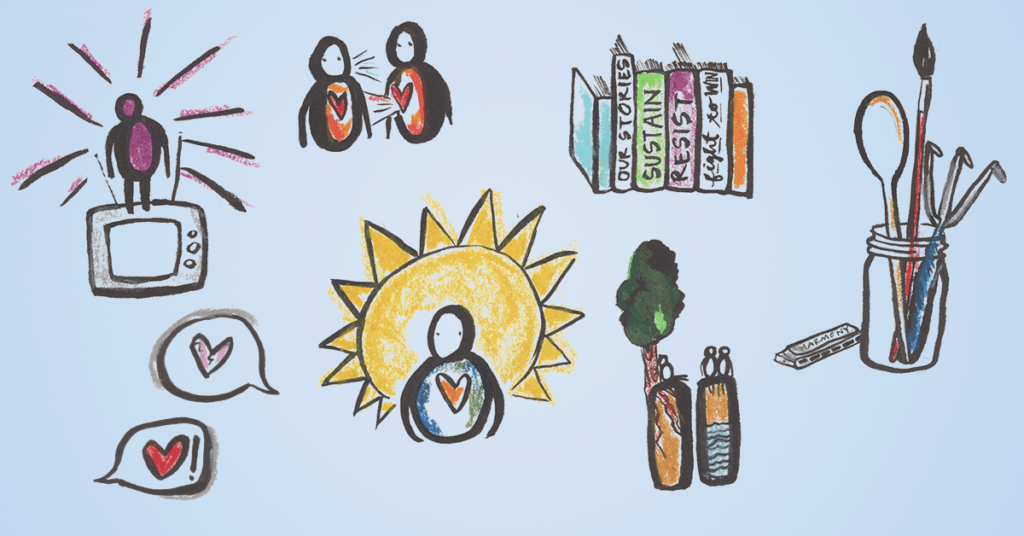 A drawing of stick figures doing different activities referenced in the article: listening to each other