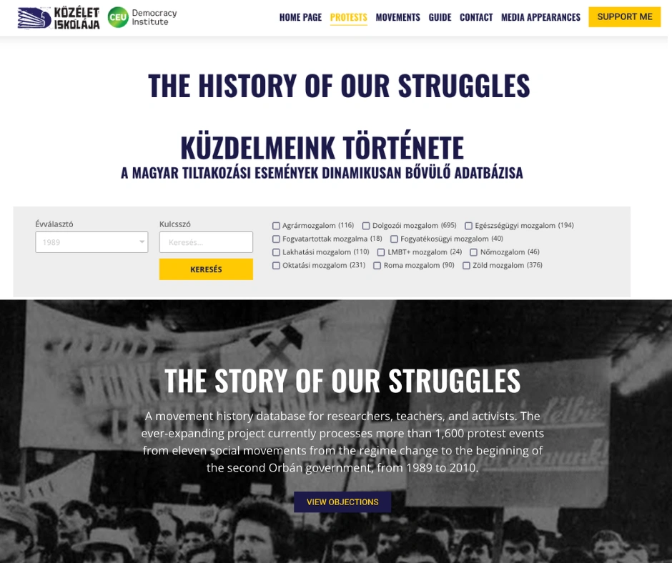 Front page of website called The History of Our Struggles in Hungarian and English.