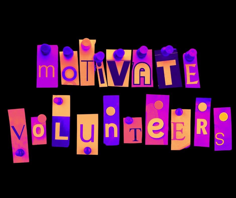 In cut out letters pinned with thumbtacks abstract writing reads 'motivate volunteers'.|Screenshot of front page of webinar recording. Text reads 'Reflect on your own. Think about your worse work or volunteer experience. What methods were used to motivate you? How did it make you feel? How did it effect your performance? Play controls are at the bottom. Tiny video of man known as Randall Smith talking in top right hand corner.