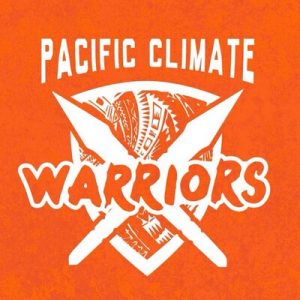 A logo on an orange background with the words Pacific Climate Warriors written in white.