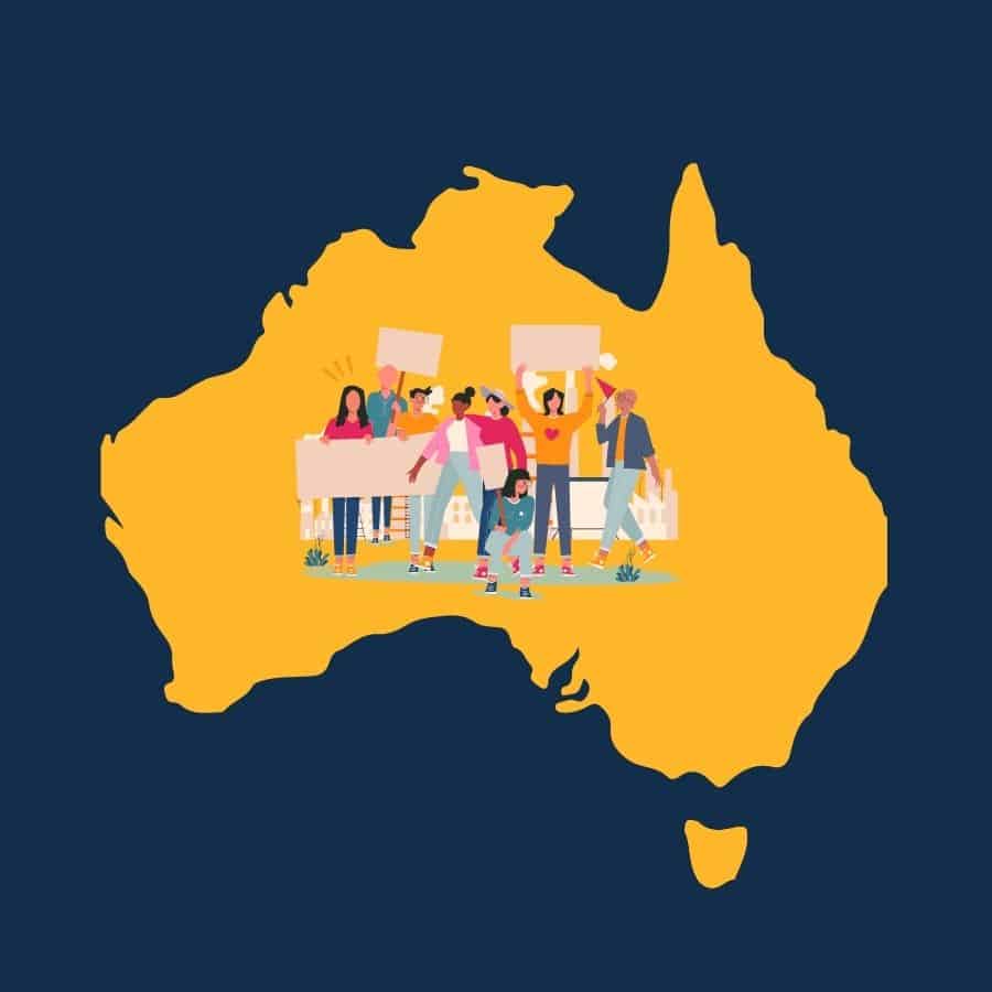 Icons of a map of Australia with a group of protestors