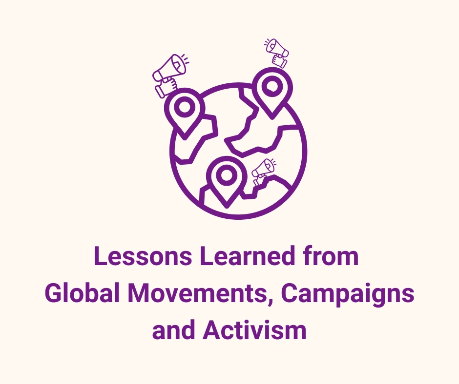 Title reads 'lessons learned from global movements, campaigns and activism'. A globe with place makers and loudhailers.