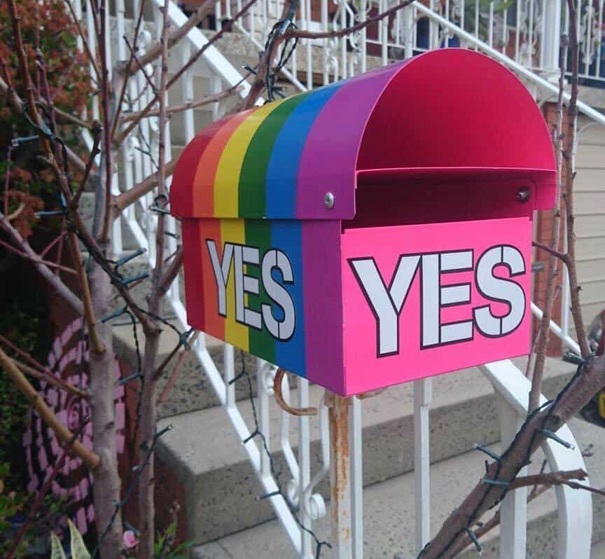 Letterbox with YES written on it and rainbow colours in support of gay marriage rights