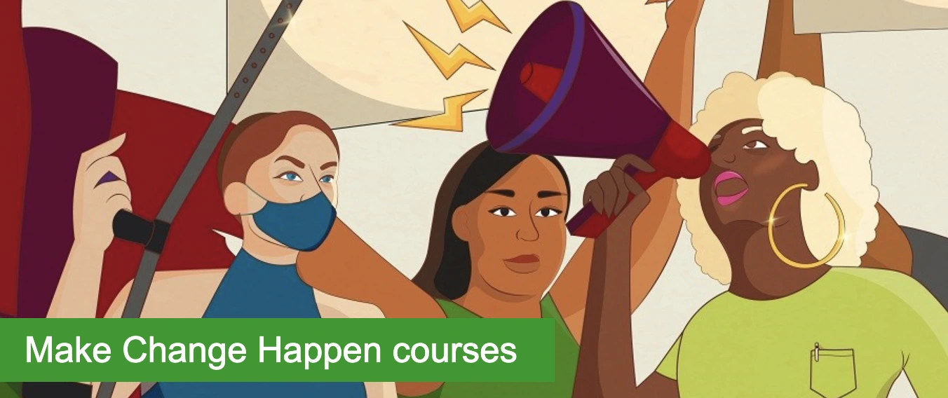 |screenshot of a page from an oxfam online course. Title reads ' Activity 7.1: Analysing campaign strategy and tactics'. A young person is leaning over a big piece of paper writing words with a texta.
