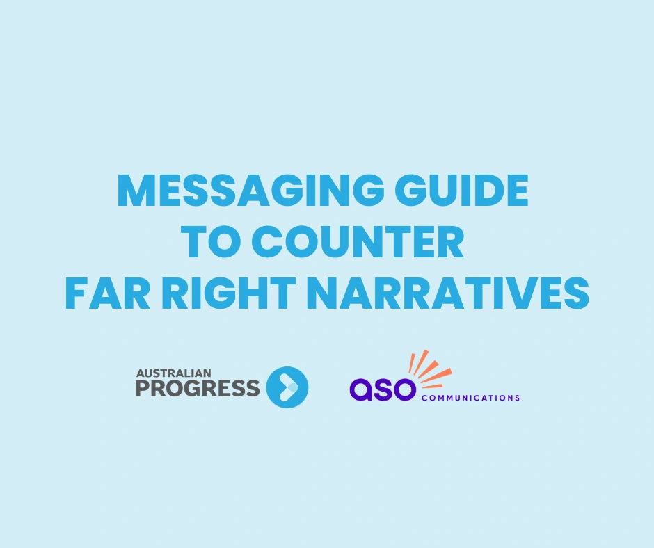 Title reads 'messaging guide to counter far right narratives'. Logos for Australian Progress and ASO Communications