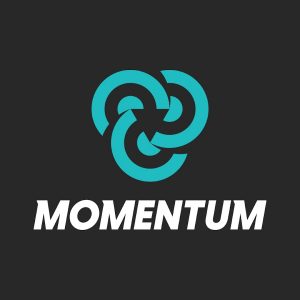 The Momentum logo - a black square with the word Momentum in white and and three curved teal arrows converging.