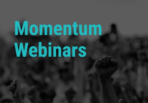 A black and white photograph of a rally with people holding their fists in the air. The text 'Momentum Webinars' in written above it.|people protesting